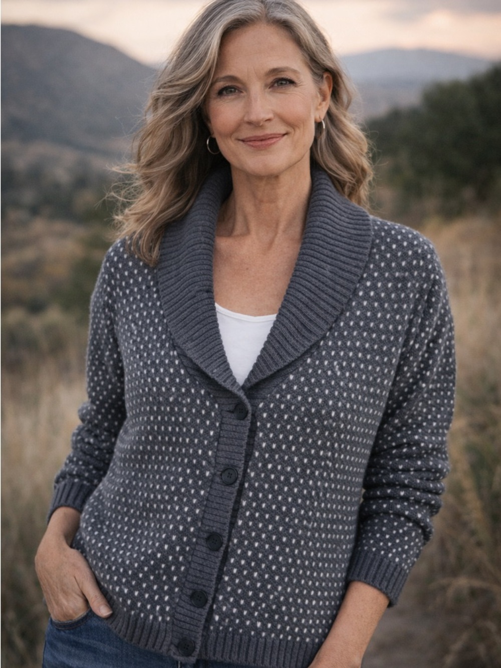 Garnet Hill Gray & White Shawl Collar Button Cardigan - Picture 2 of 9
